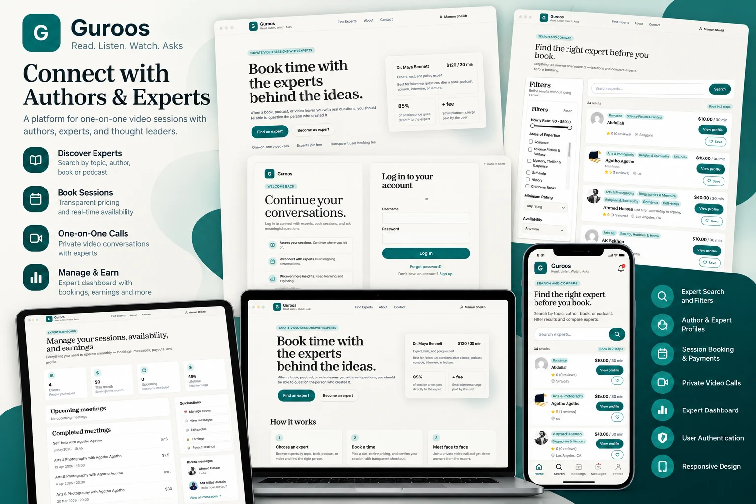 Guroos presentation board showing the expert marketplace homepage, expert search with filters, login screen, expert dashboard and the mobile app view across laptop, tablet and phone mockups.