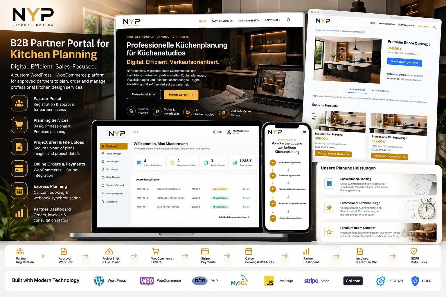 NYP Kitchen Design partner portal presentation: German-language homepage for professional kitchen planning, partner dashboard with orders and status, planning service product pages and a mobile onboarding flow, with a WordPress, WooCommerce, Stripe and Cal.com technology strip.